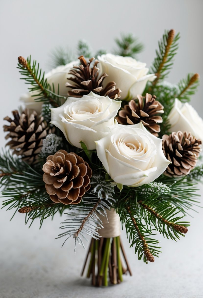 A small wedding bouquet with white roses, pinecones, and evergreen sprigs on a neutral background.