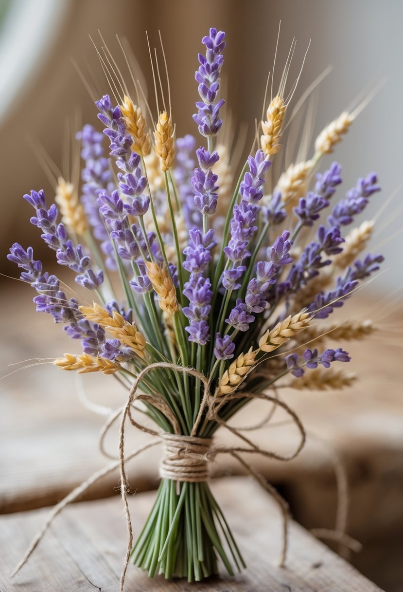 A small wedding bouquet made of lavender and wheat stalks tied together resting on a wooden surface.