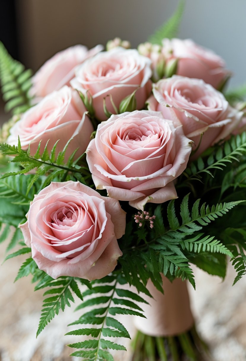 Mini bouquet of soft pink garden roses and green ferns on a blurred background.