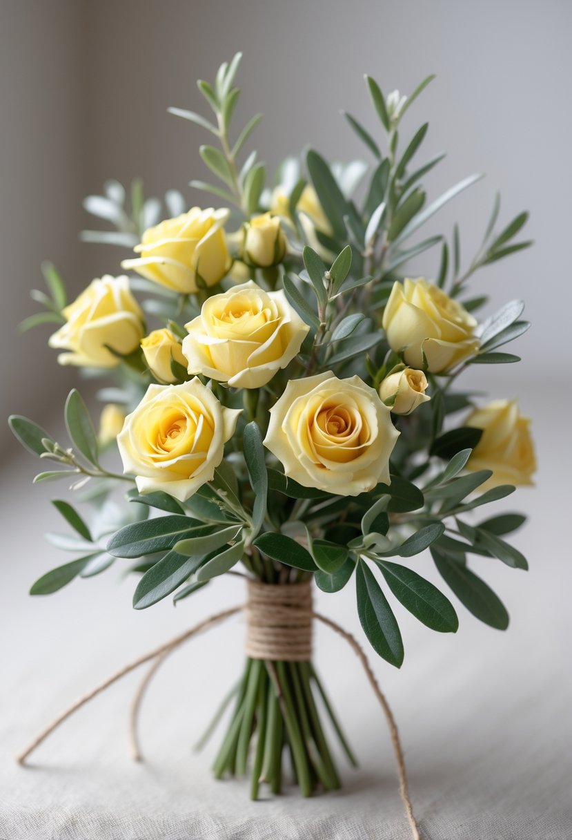 A small wedding bouquet with yellow mini roses and olive branches on a neutral background.