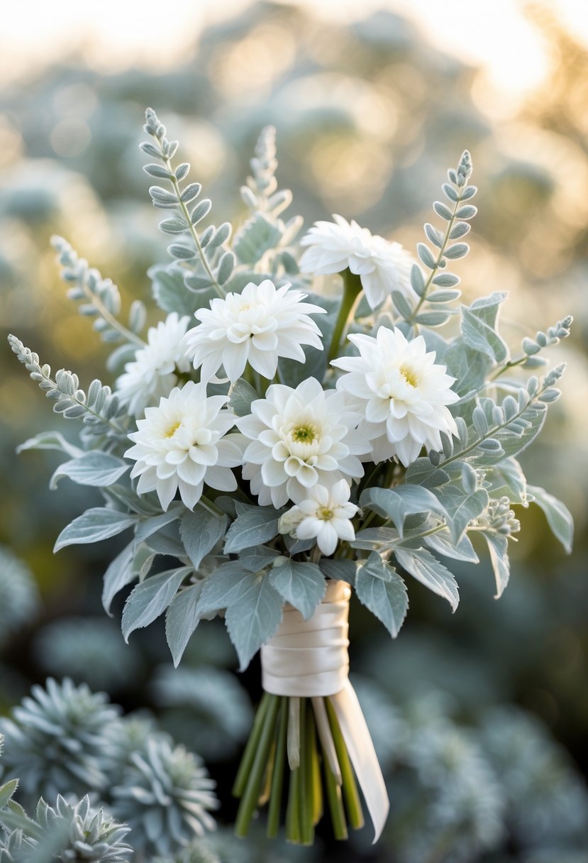 A small wedding bouquet with tiny white dahlia flowers and dusty miller leaves.