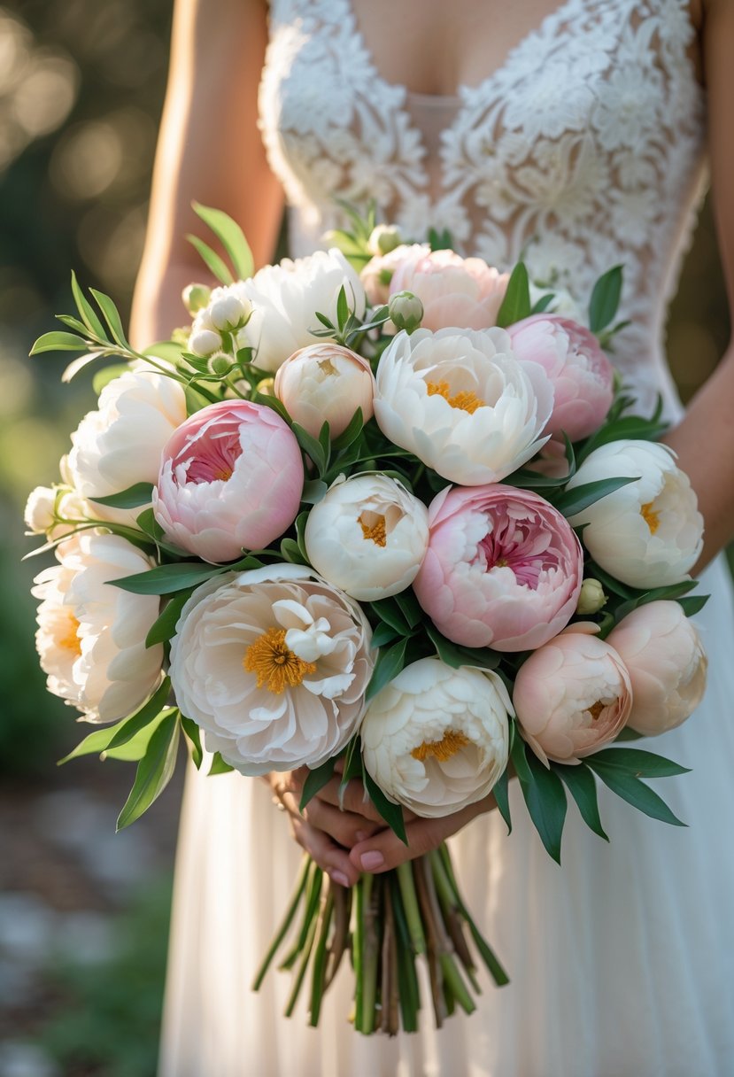 A compact bouquet of peonies and ranunculus flowers in soft pastel colors held by a bride.