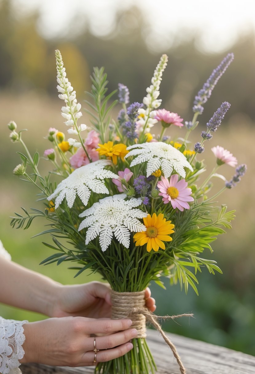 A small wedding bouquet made of white Queen Anne's Lace and colorful wildflowers held gently, with a blurred natural outdoor background.