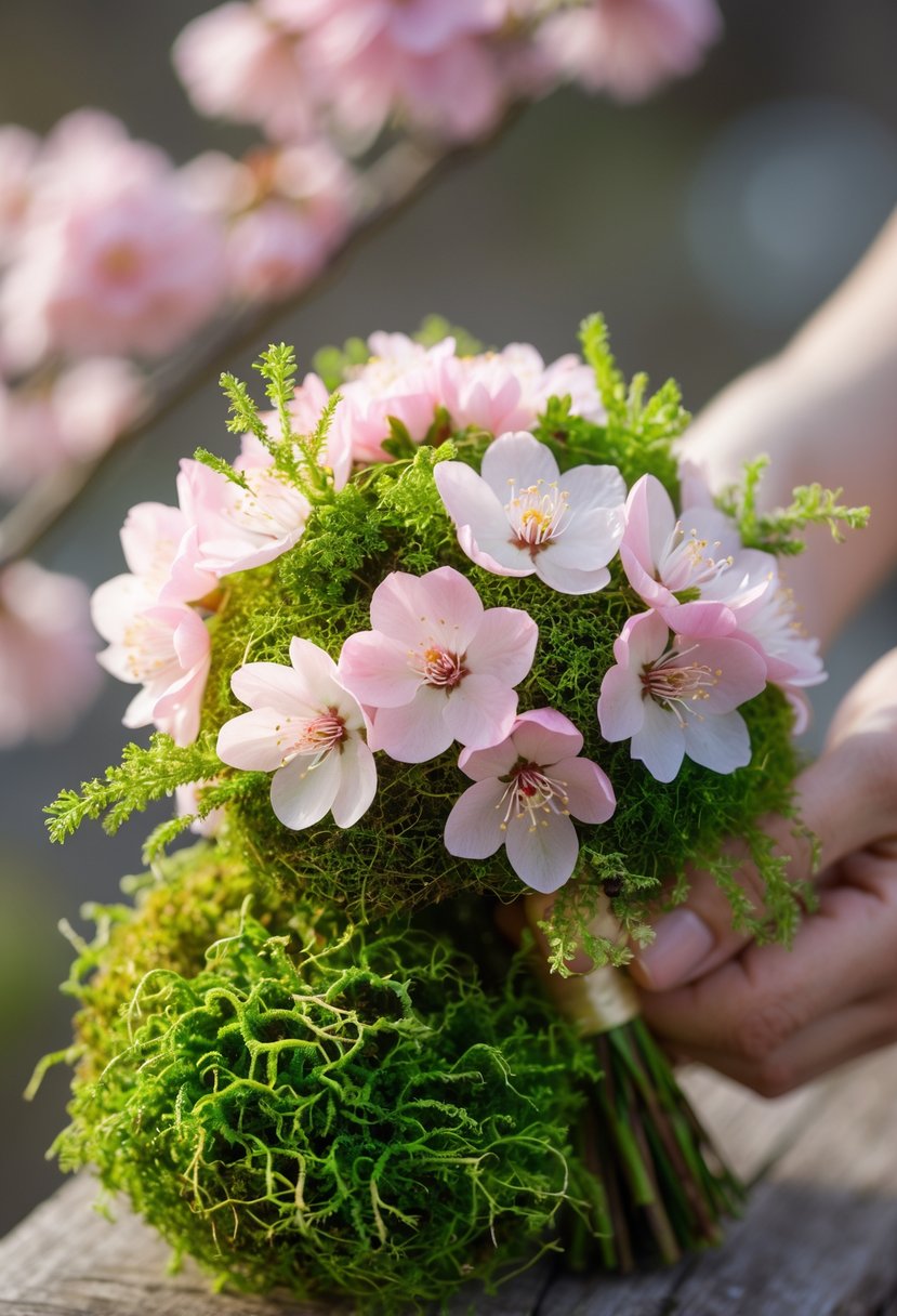 A small wedding bouquet with pink cherry blossoms and green moss.