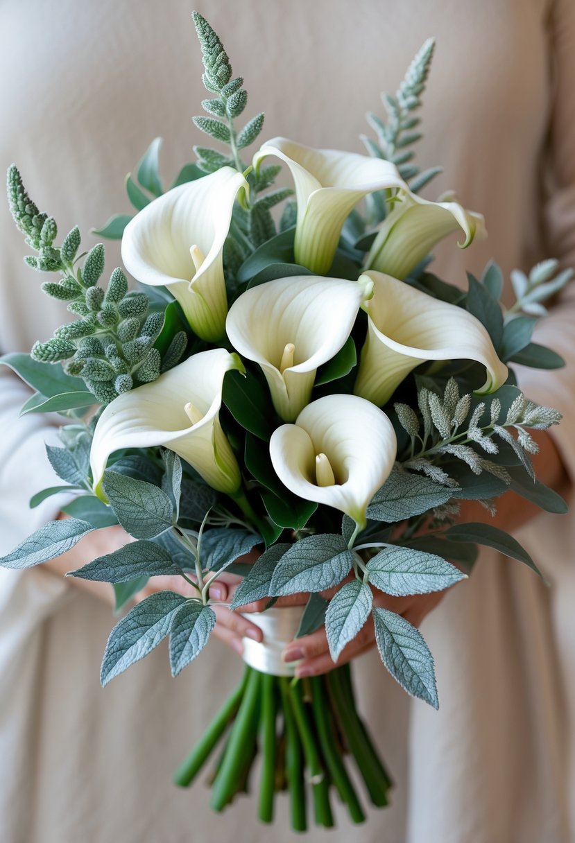 A small wedding bouquet made of white mini Calla Lilies and silvery-green Dusty Miller leaves.