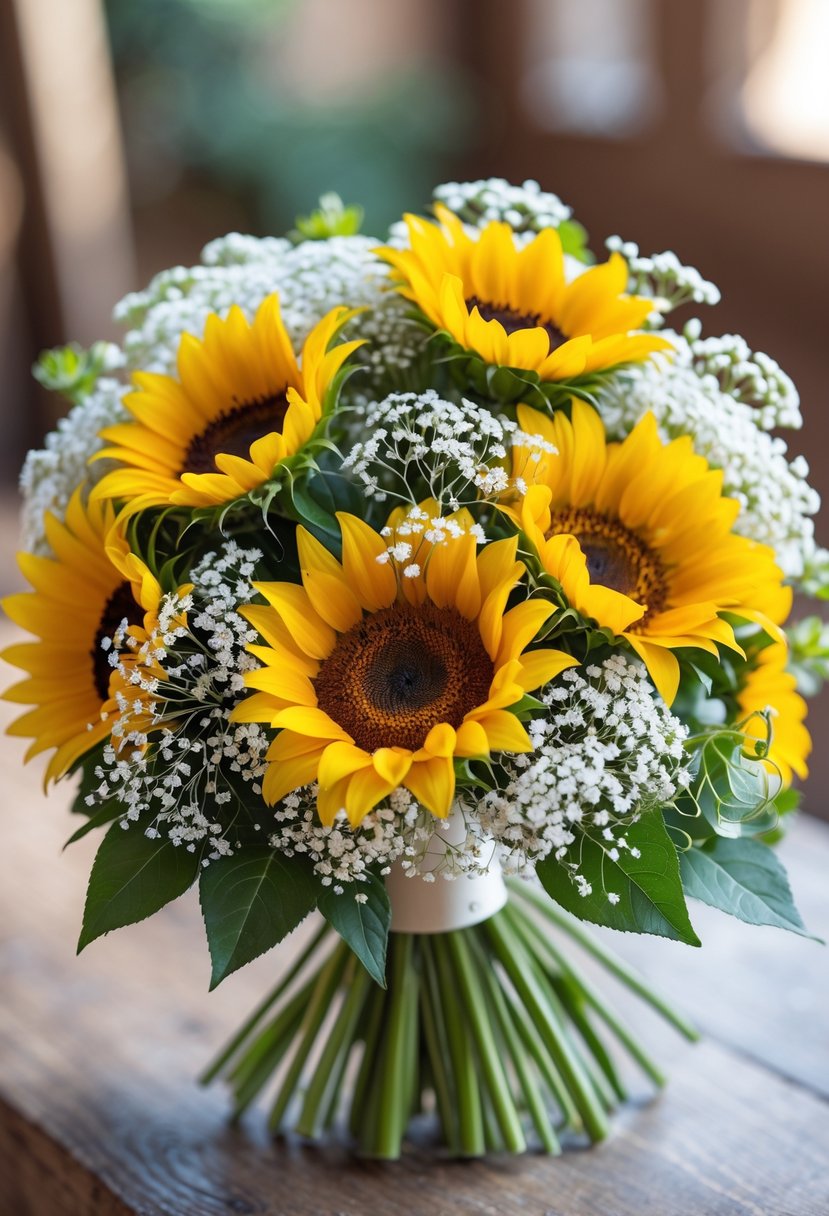 A small wedding bouquet made of bright yellow sunflowers and white baby's breath flowers with green leaves.