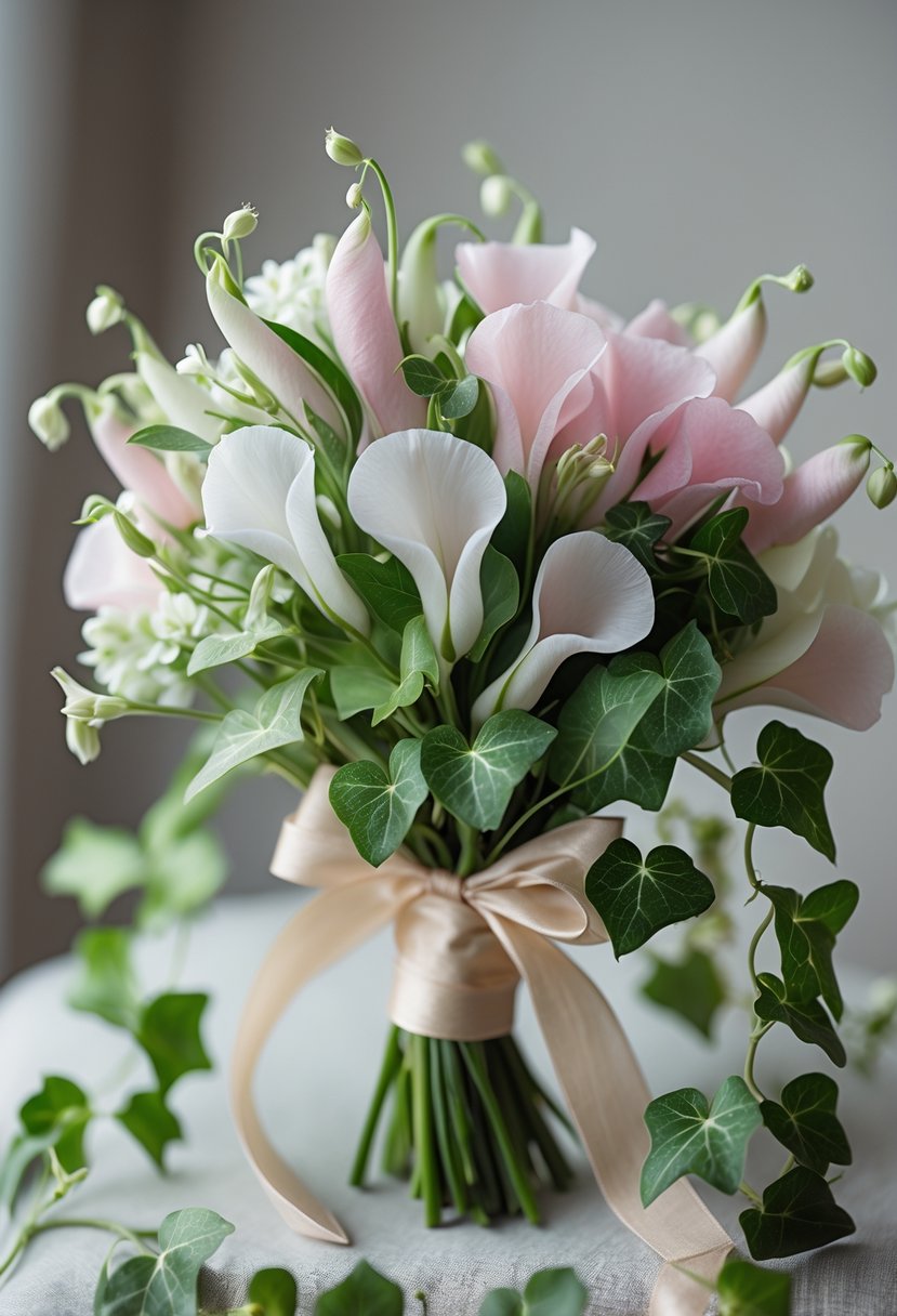 A small wedding bouquet of pink and white sweet pea flowers tied with green ivy and a natural ribbon.