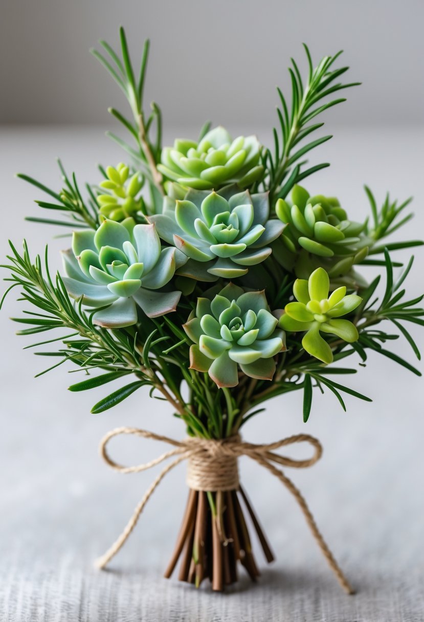 A small bouquet made of mini succulents and rosemary sprigs tied together and placed on a plain background.