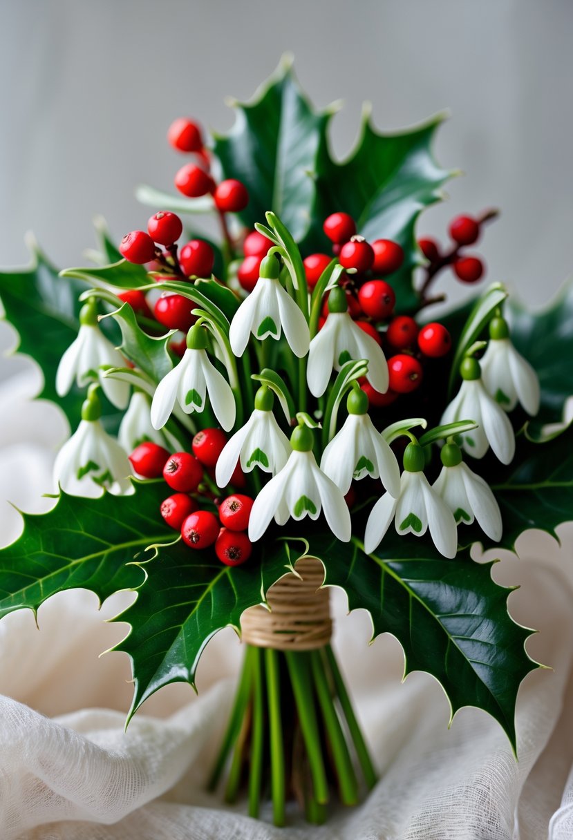 A small wedding bouquet made of snowdrop flowers, holly leaves, and red holly berries resting on a neutral background.