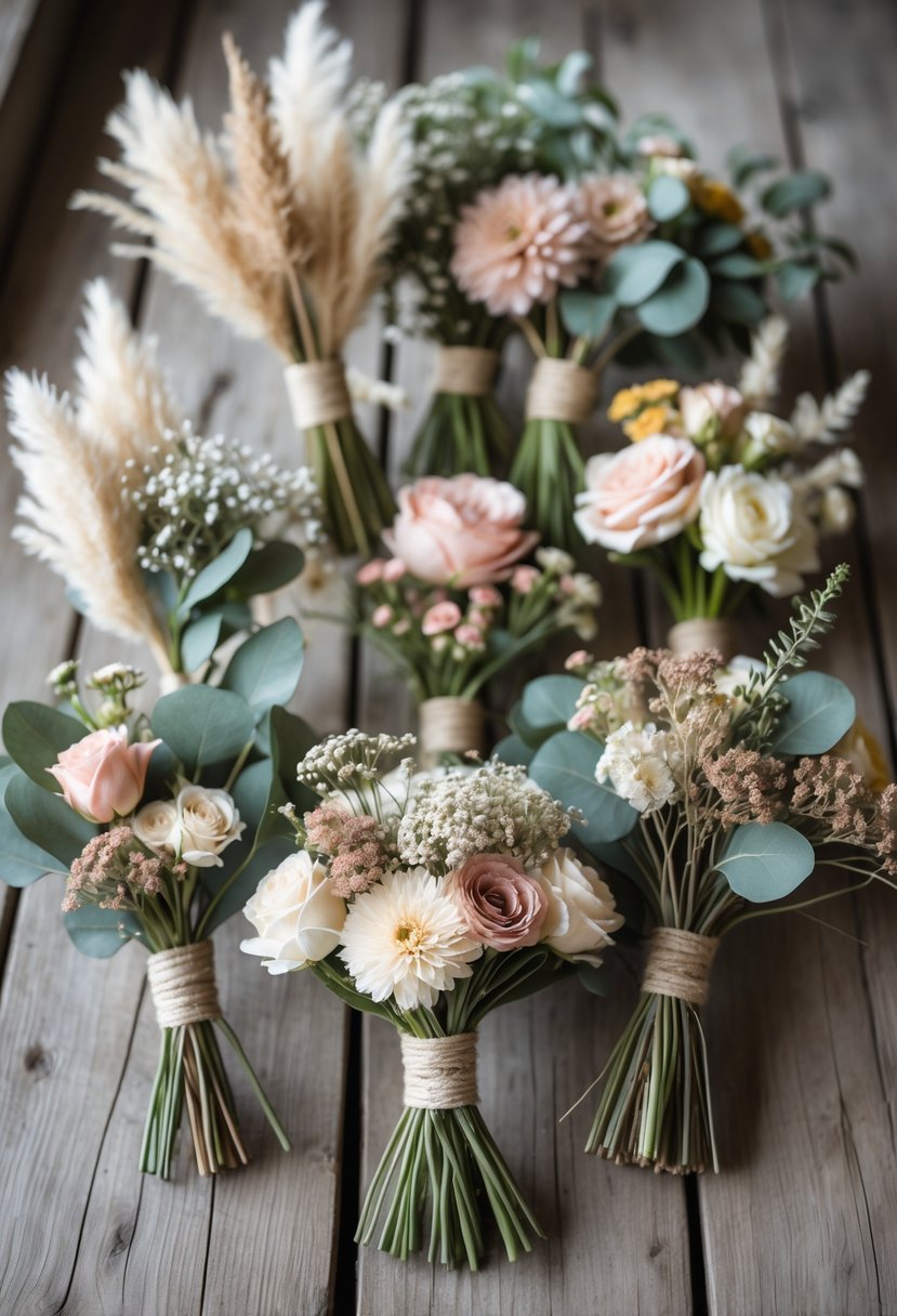 A collection of small wedding bouquets with mixed flowers and greenery arranged on a wooden surface.