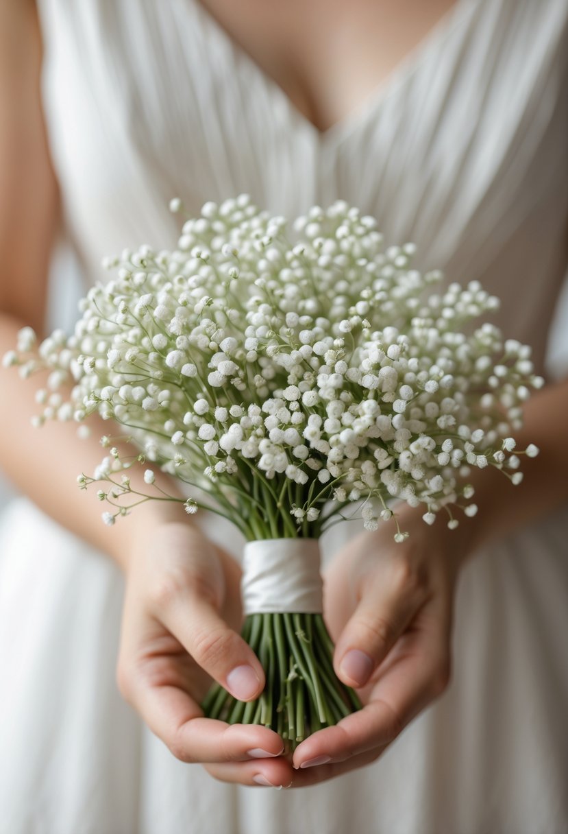 A small bouquet of white baby's breath flowers held by hands against a soft neutral background.