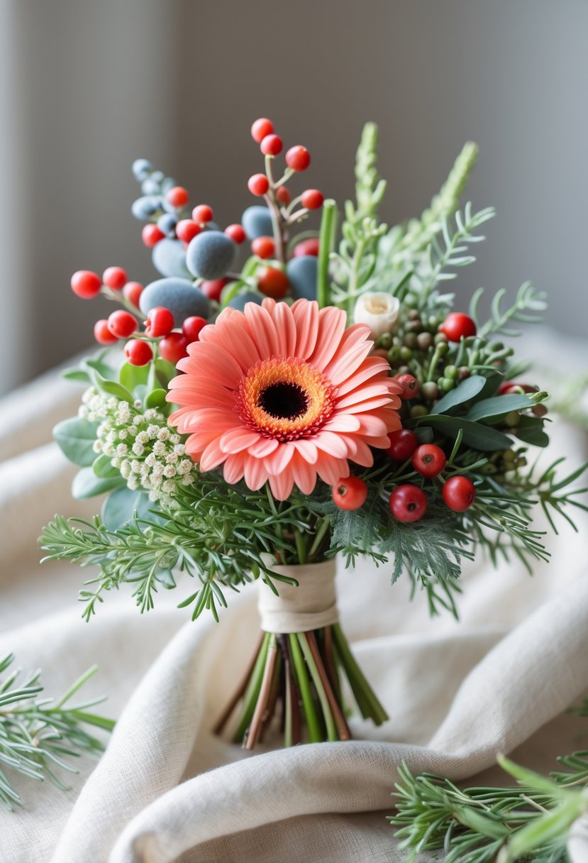 A small bouquet with a bright gerbera daisy surrounded by berries and green leaves.