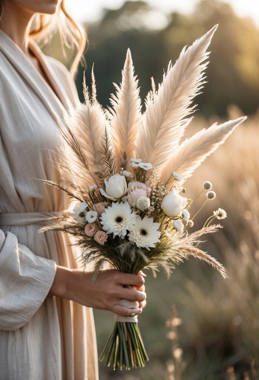 A small wedding bouquet with pampas grass, white flowers, and greenery held by a person outdoors.