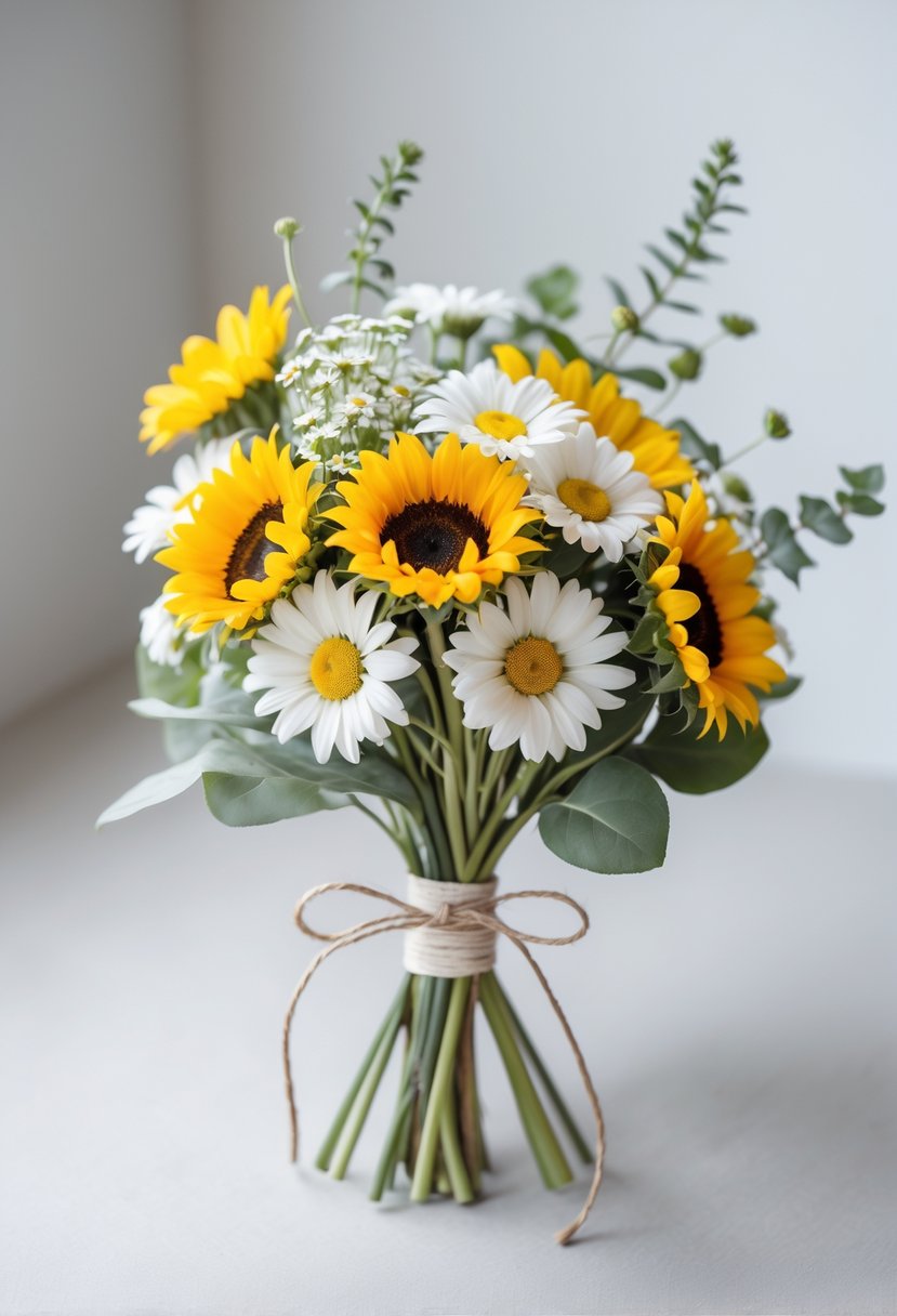 A small wedding bouquet made of sunflowers and daisies with green leaves on a neutral background.