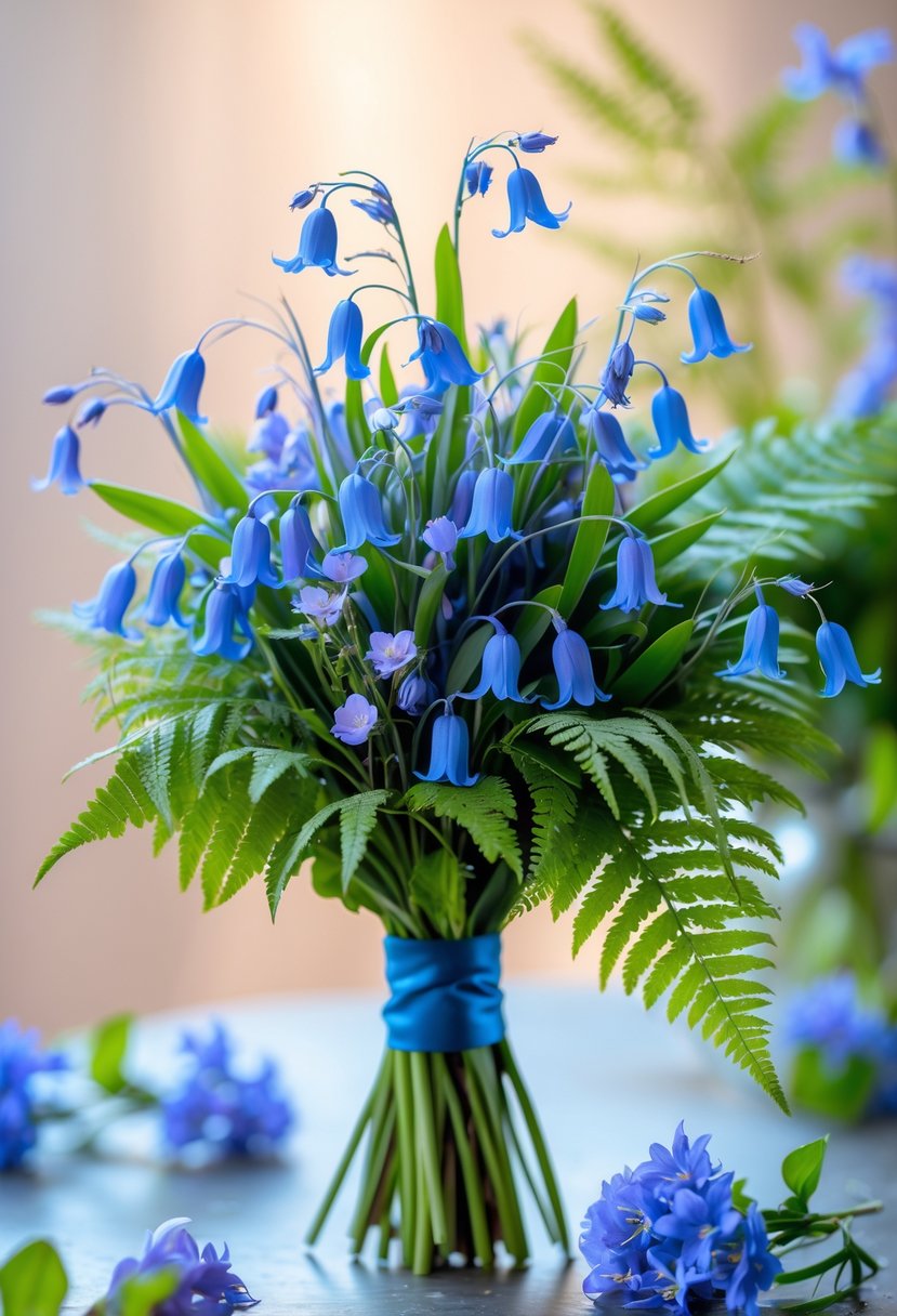 A small wedding bouquet made of bluebell flowers and green fern leaves.