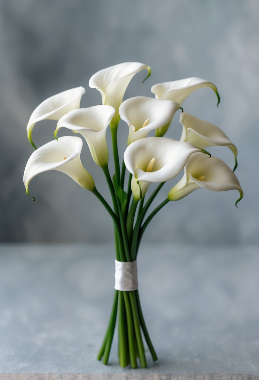 A small bouquet of white calla lilies with green stems on a softly blurred background.