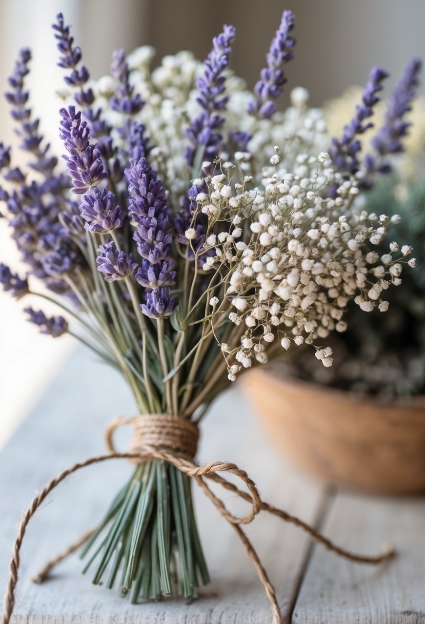 A small bouquet of dried lavender and baby's breath flowers tied with twine resting on a wooden surface.