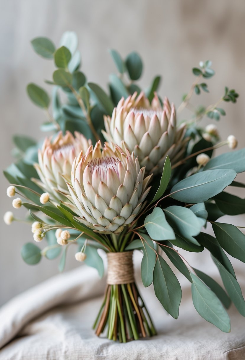 A small wedding bouquet with mini protea flowers and green gum leaves on a neutral blurred background.