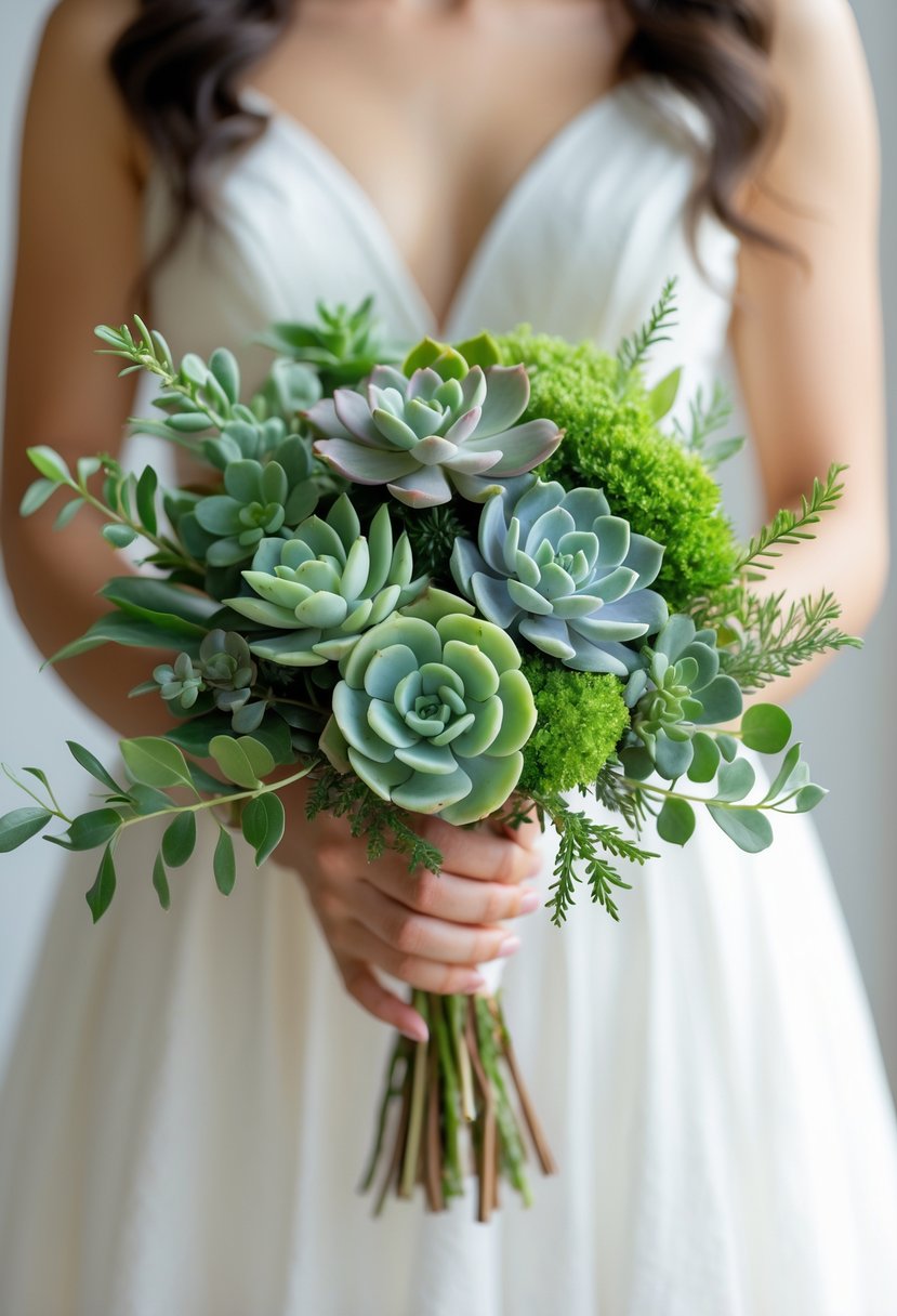 A small wedding bouquet made of green leaves and succulents held by a person in a white dress against a neutral background.