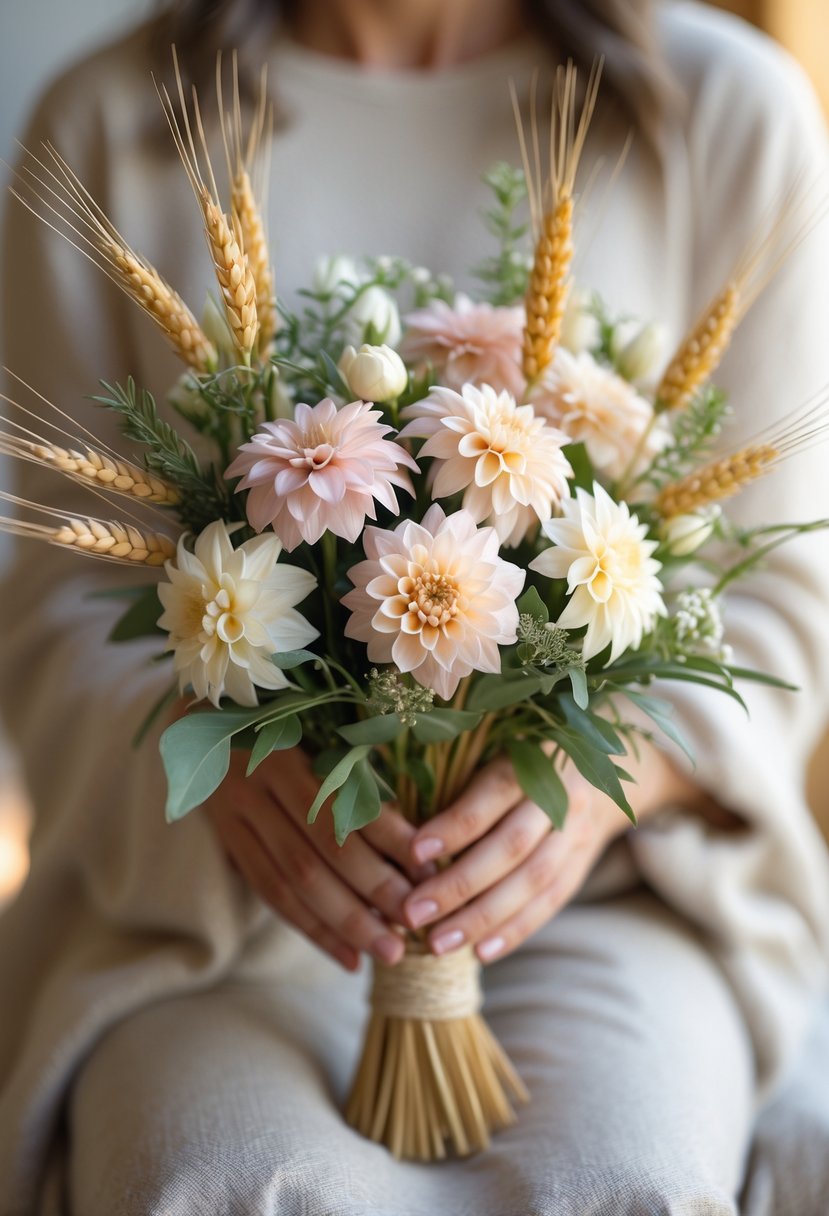A small wedding bouquet made of mini dahlia flowers and wheat stalks held by hands against a softly blurred background.