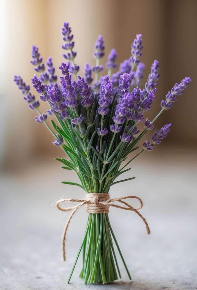 A small bundle of fresh lavender sprigs tied with twine on a softly blurred neutral background.