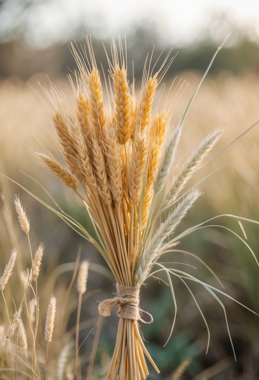 A small bouquet of wheat stalks and wild grasses tied together with twine against a blurred natural background.