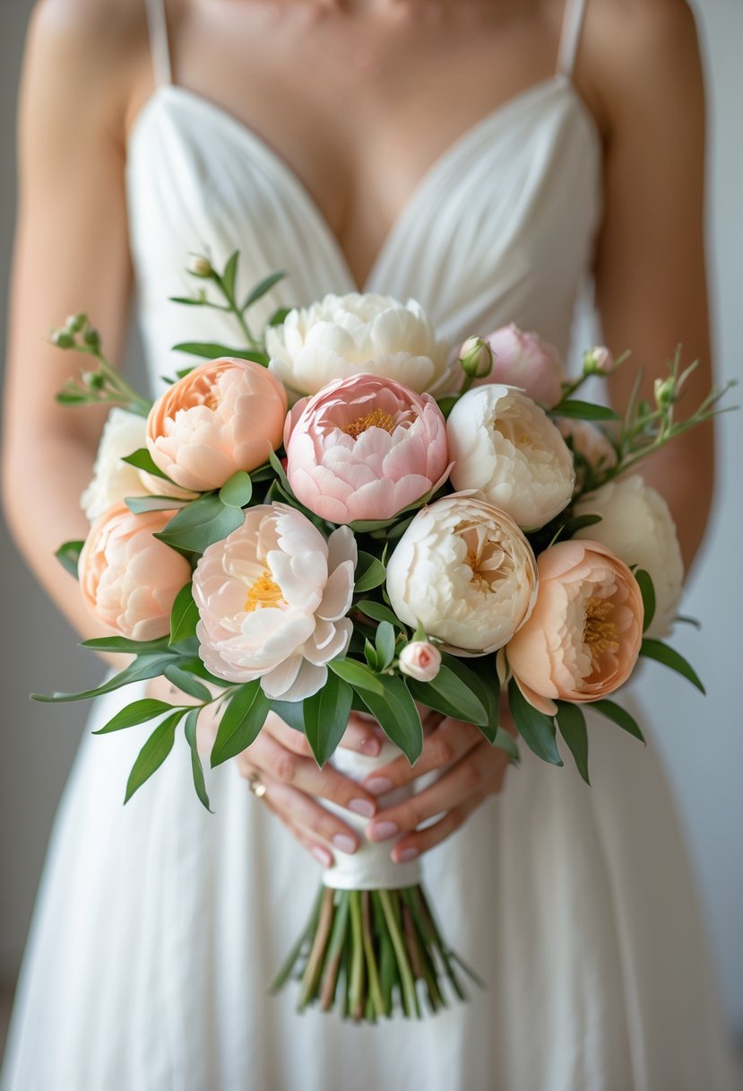 A small wedding bouquet composed of mini peonies and roses held by a bride in a white dress against a neutral background.