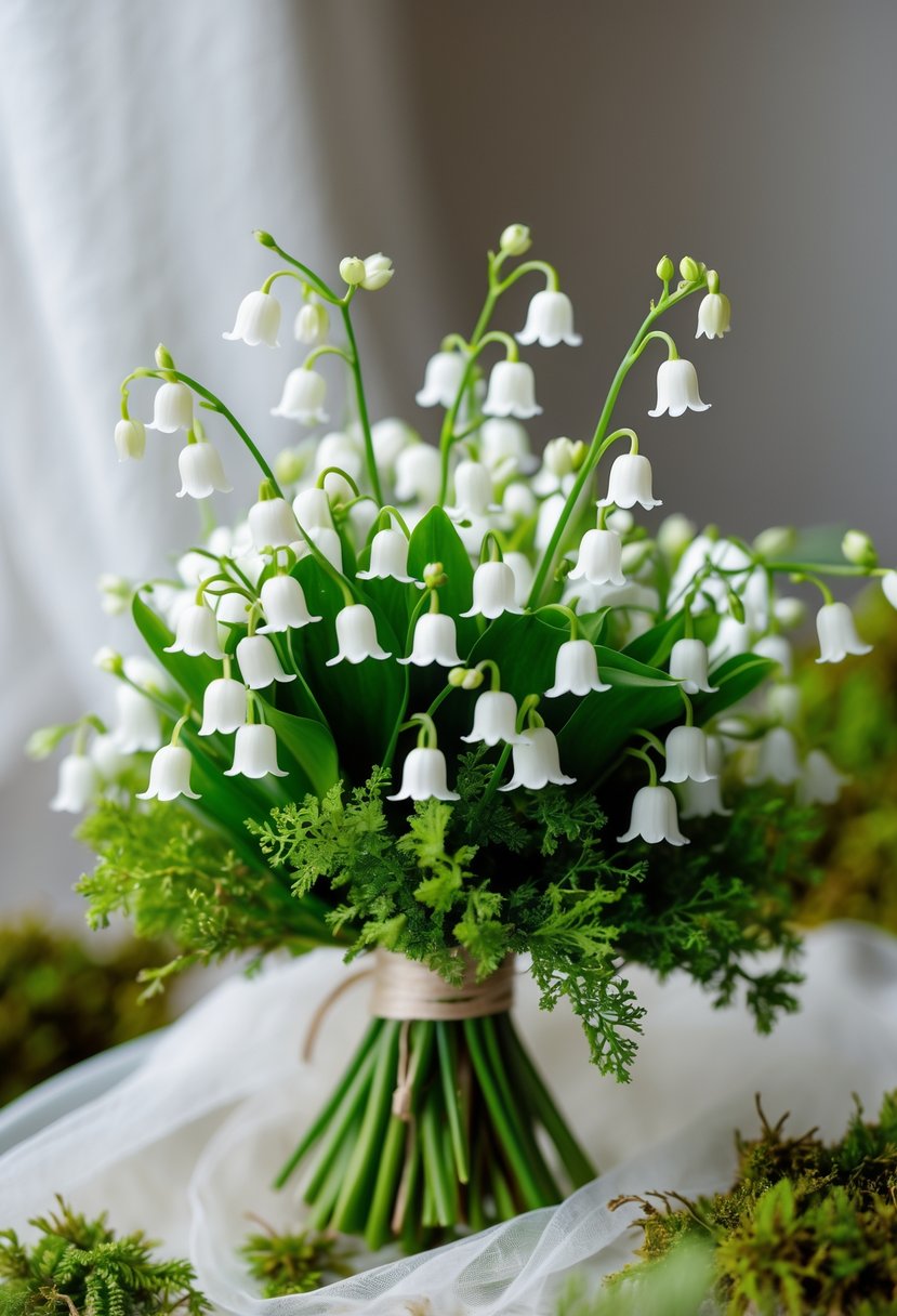 A small wedding bouquet with white Lily of the Valley flowers and green moss accents.