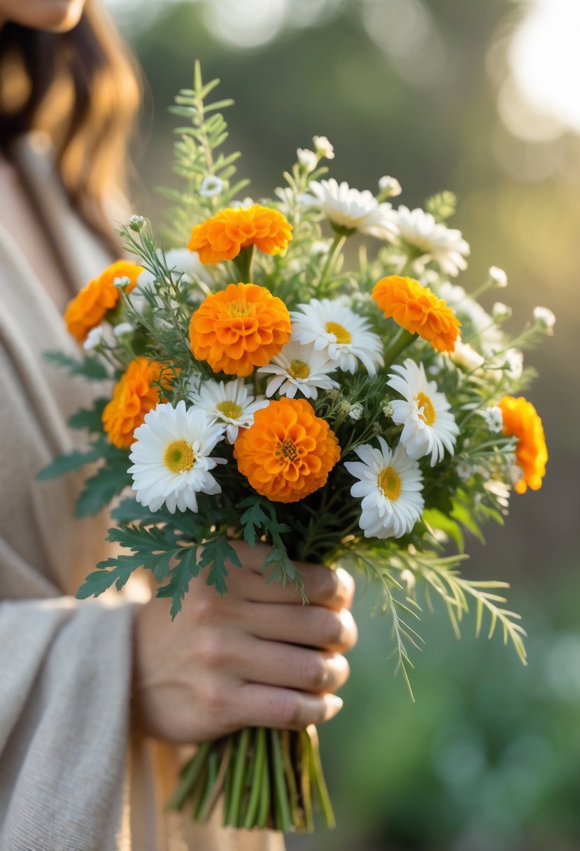 A small wedding bouquet made of orange mini marigolds and white daisies with green leaves, held by a person outdoors.