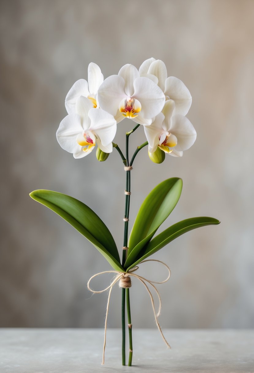 A single white orchid stem arranged as a small wedding bouquet against a soft neutral background.