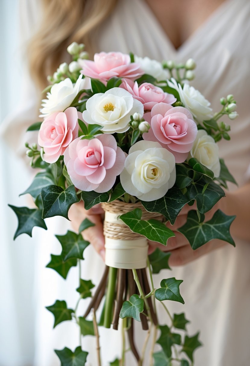 A small wedding bouquet with mini camellia flowers and ivy leaves wrapped in ribbon, held gently against a blurred light background.