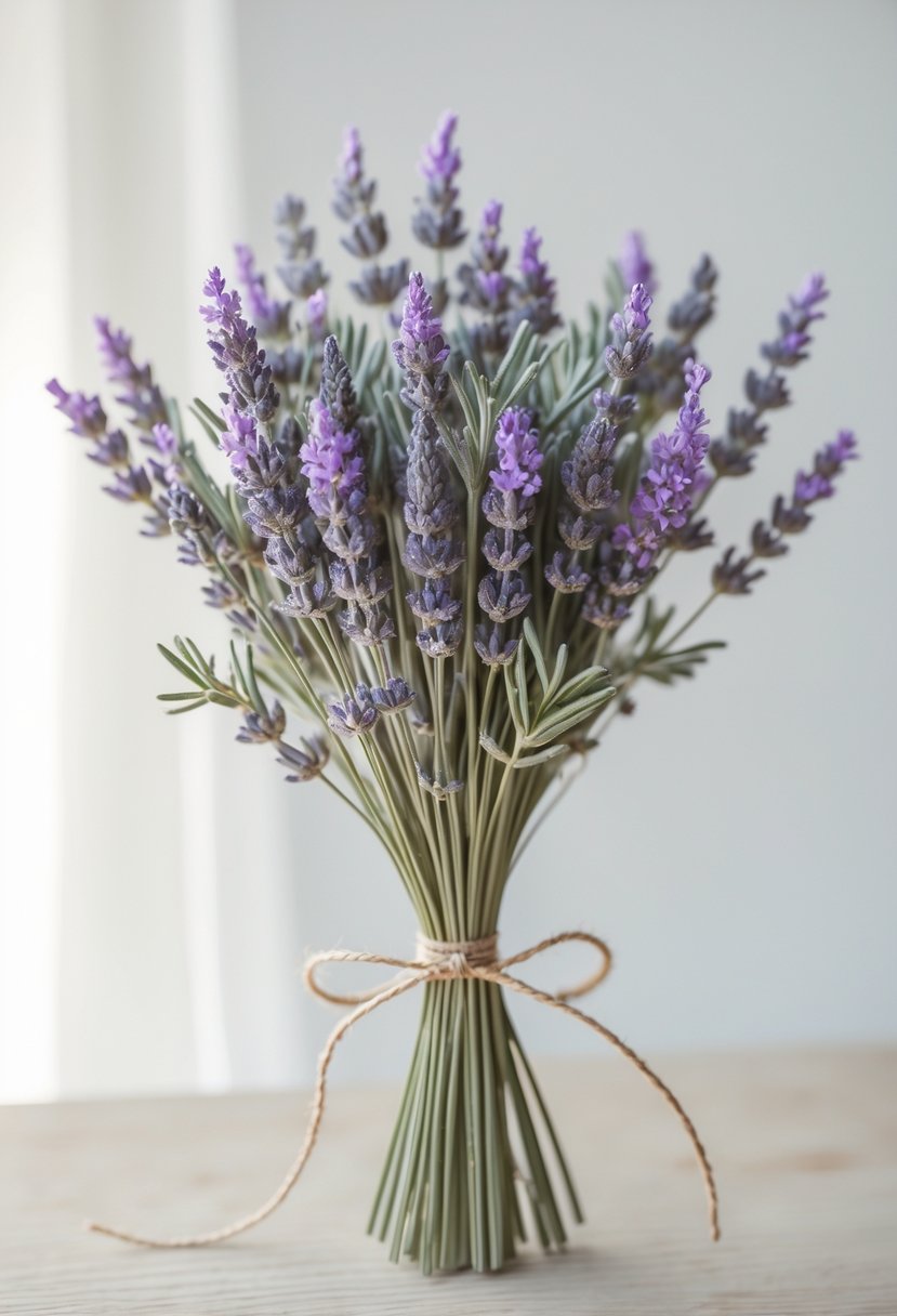A small dried lavender bouquet tied with twine on a light surface.