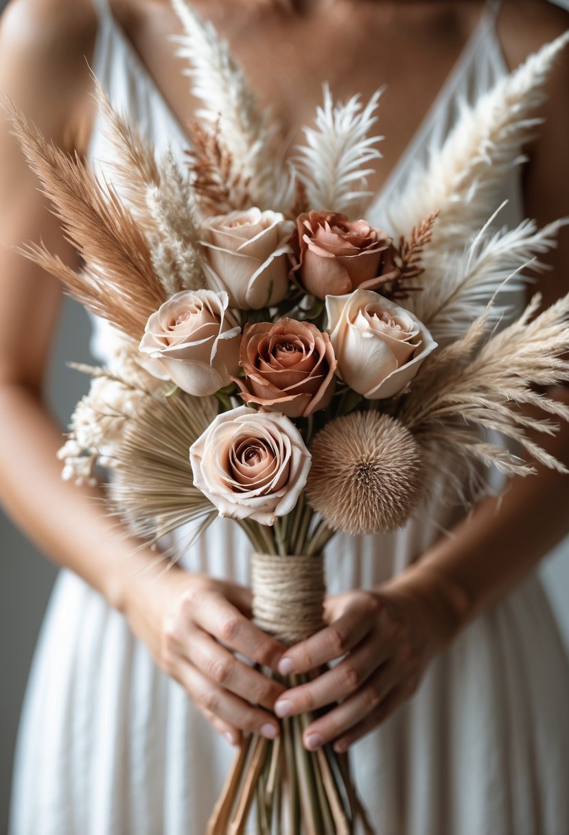 A small wedding bouquet with earth-tone roses and pampas grass held by hands against a neutral background.