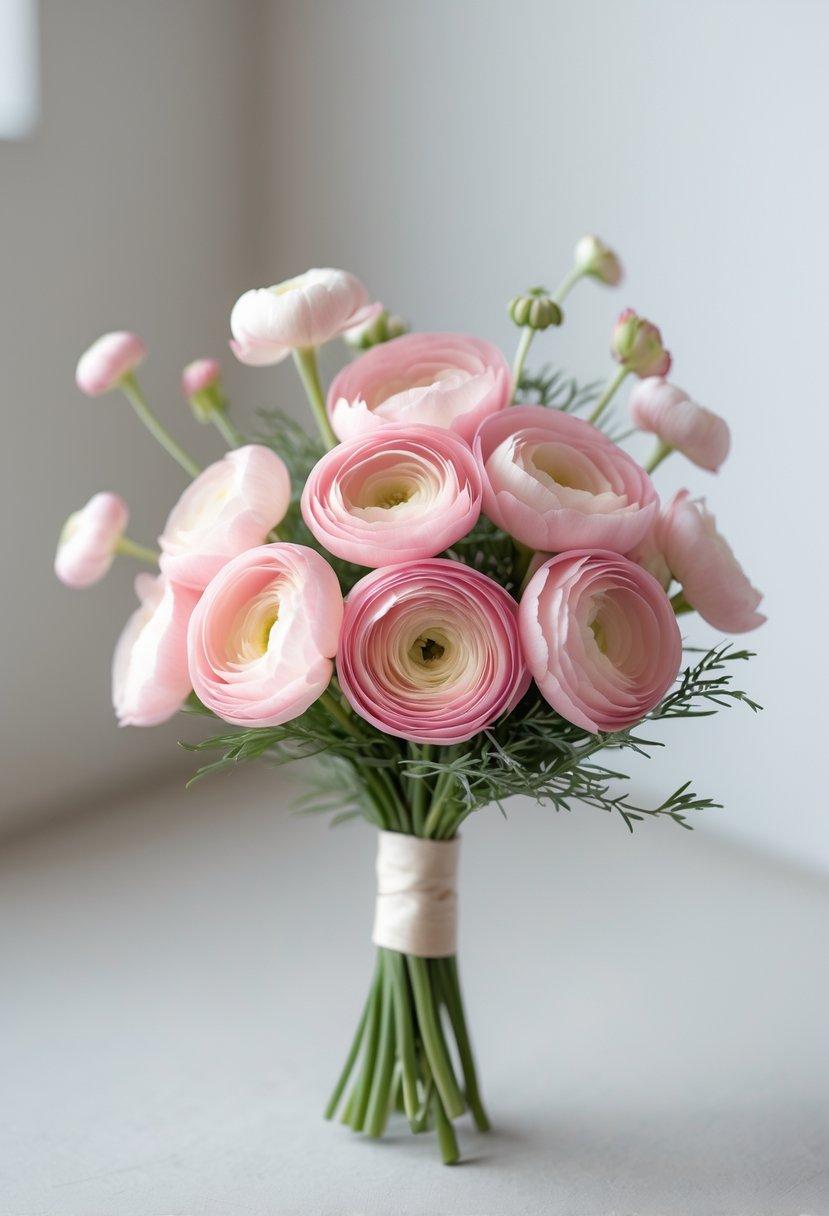 A small pink ranunculus flower bouquet with green leaves on a soft blurred background.