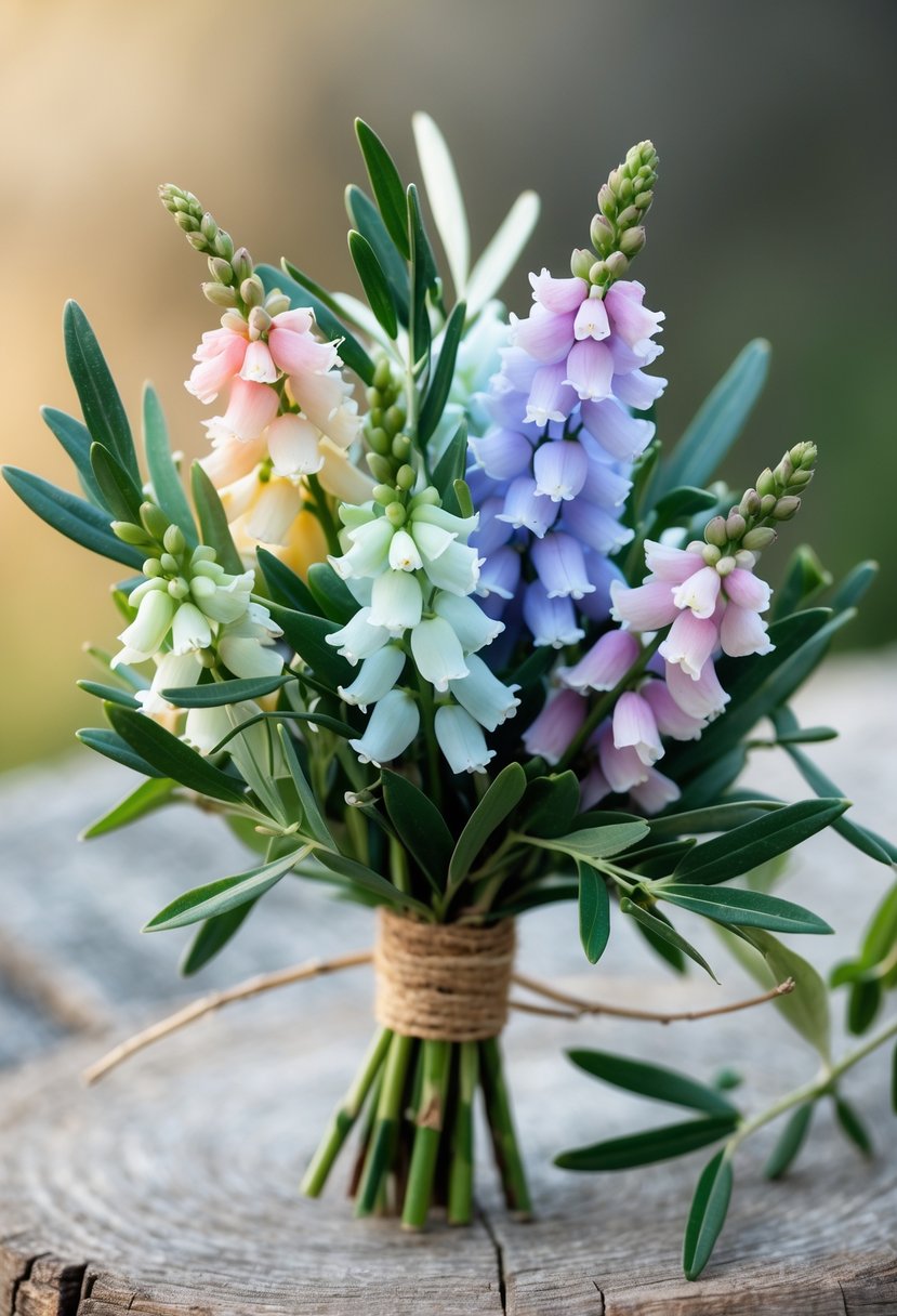 A small wedding bouquet with pastel mini snapdragons and green olive branches resting on a wooden surface.