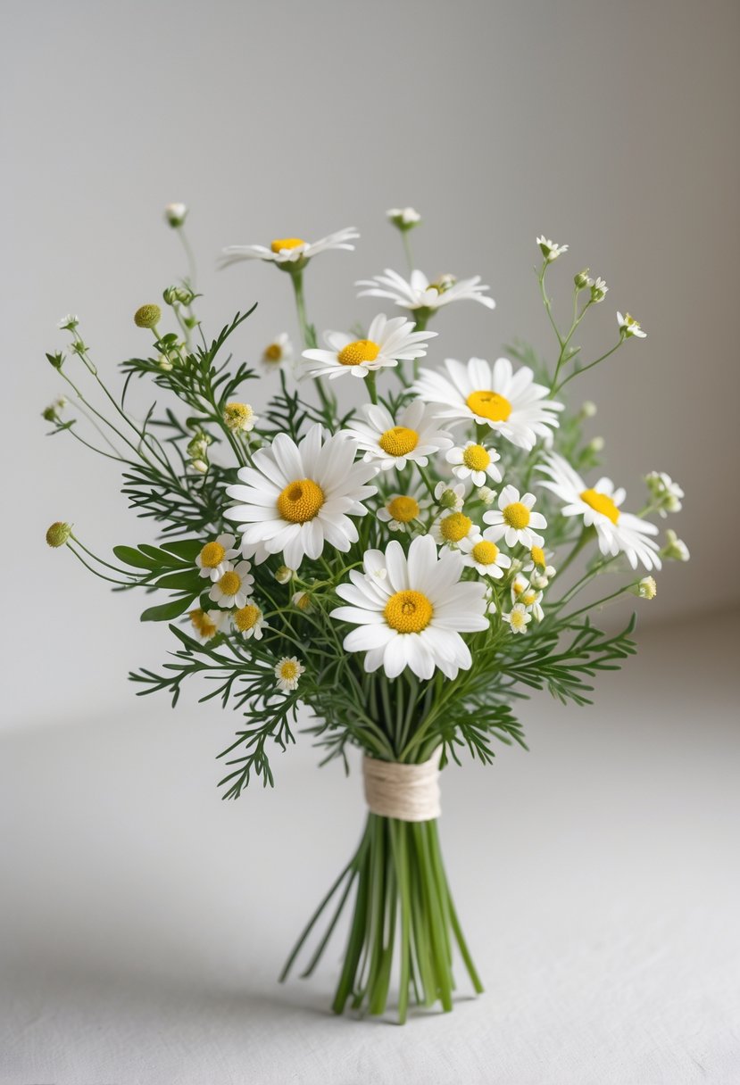 A small wedding bouquet made of tiny white daisies and chamomile flowers with green leaves on a plain background.