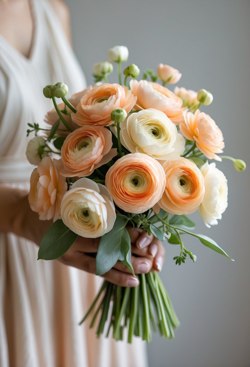 A small bouquet of peach and cream ranunculus flowers held by a person against a neutral background.