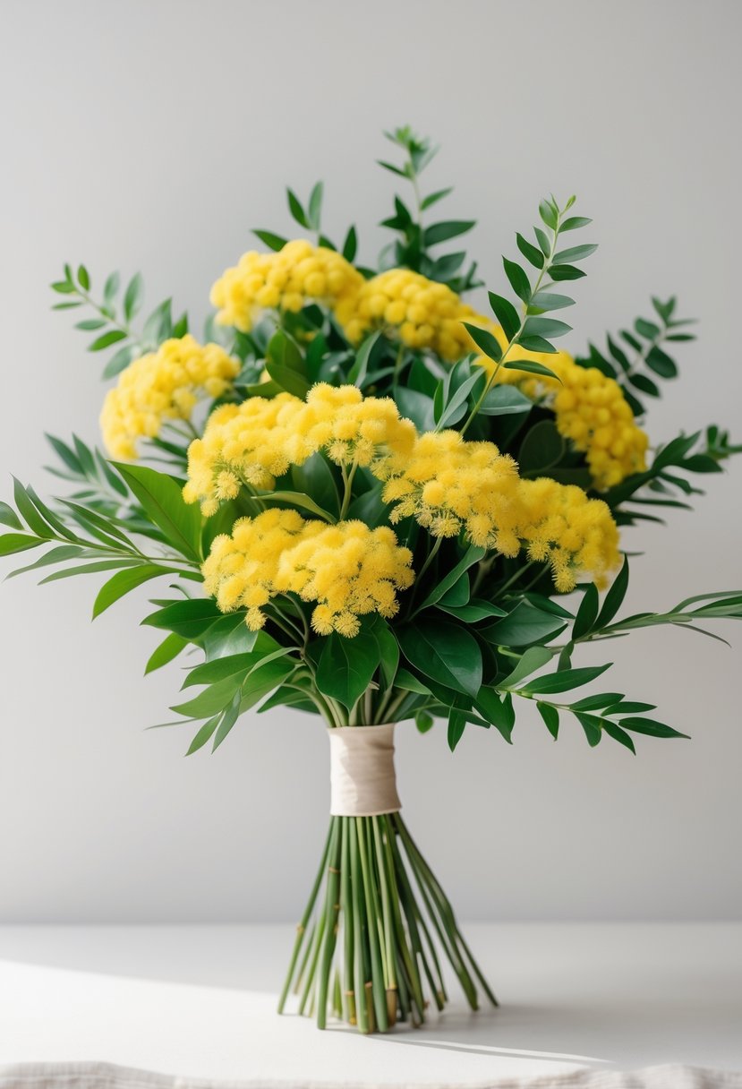 A small wedding bouquet made of yellow mimosa flowers and green leaves on a plain background.