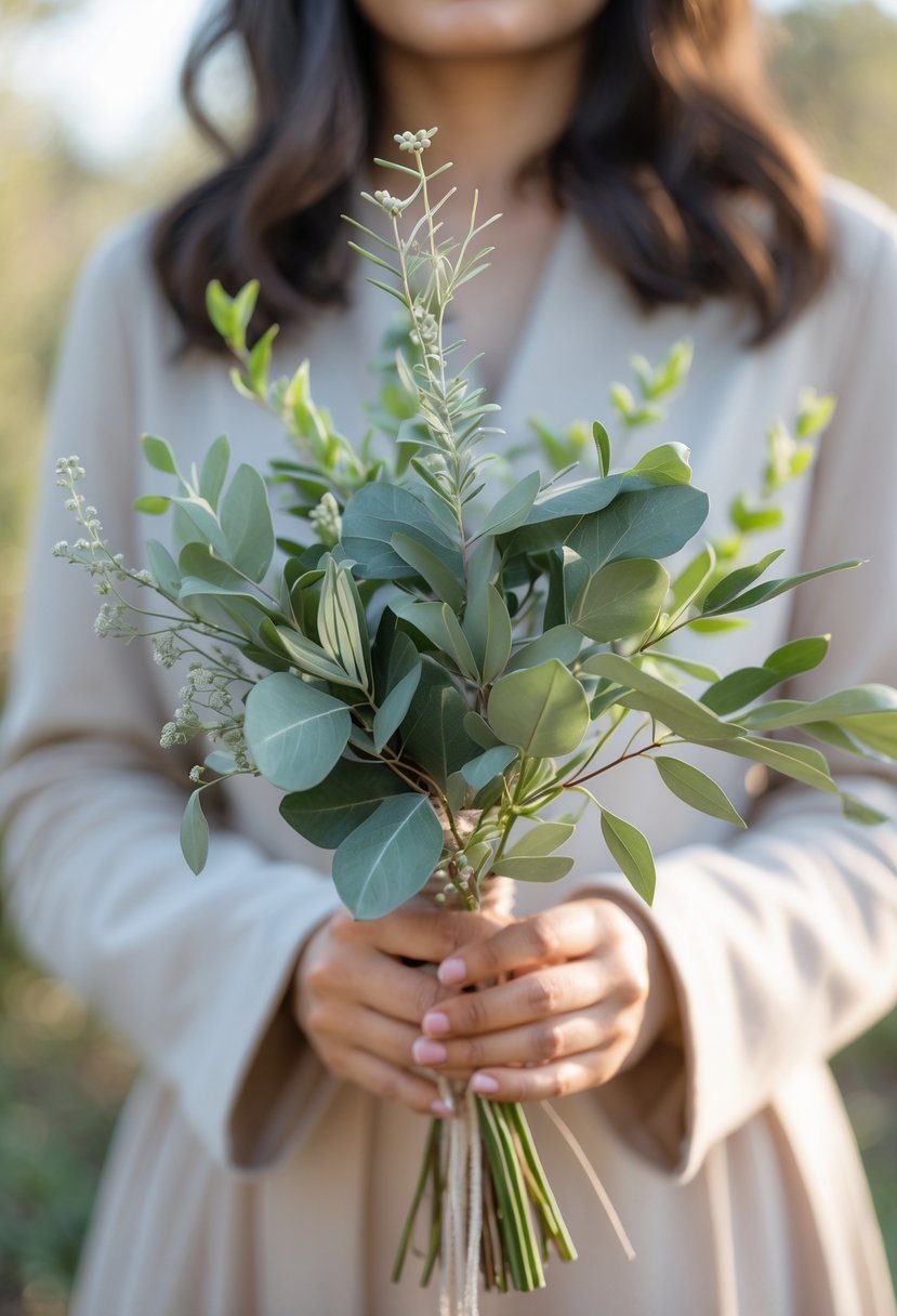 A small wedding bouquet made of eucalyptus leaves and olive branches held by a person outdoors.
