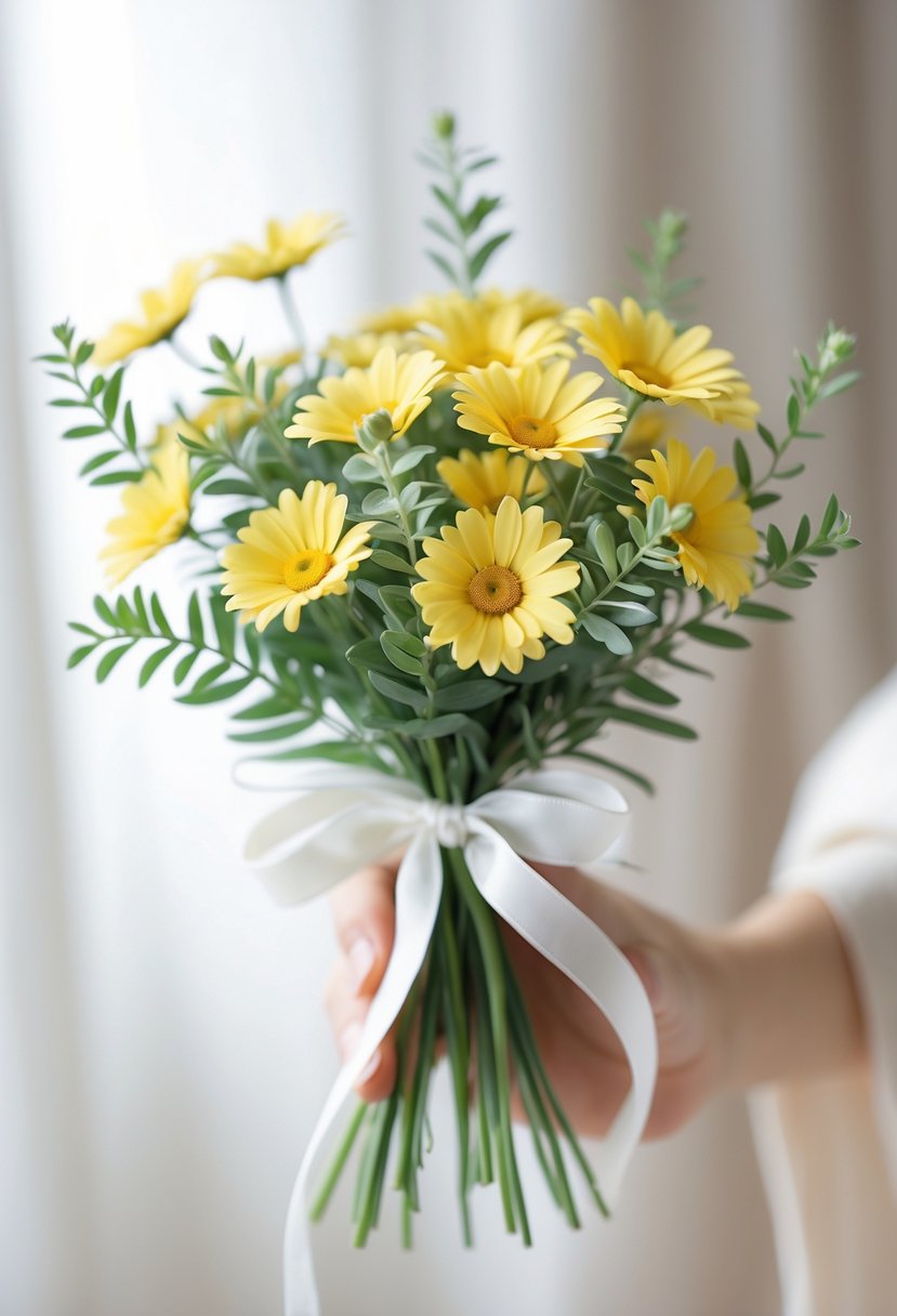 A small bouquet of yellow daisies with green leaves held together by a white ribbon against a softly blurred neutral background.