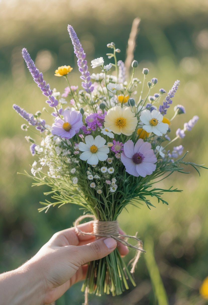 A small bouquet of colorful wildflowers held in a hand with a blurred natural background.