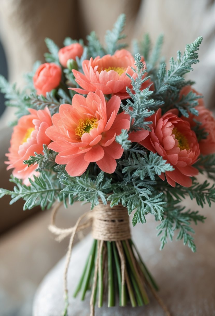 A small wedding bouquet with coral flowers and silvery dusty miller leaves tied with twine, displayed against a softly blurred background.