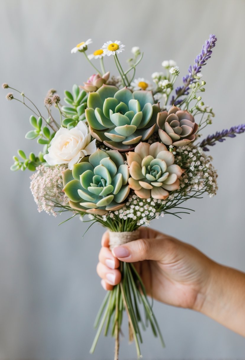 A small wedding bouquet made of succulents and wildflowers held against a neutral background.