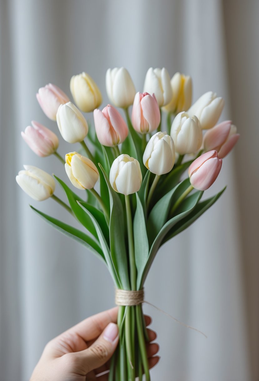 A small cluster of pastel-colored tulips held gently in one hand against a blurred neutral background.