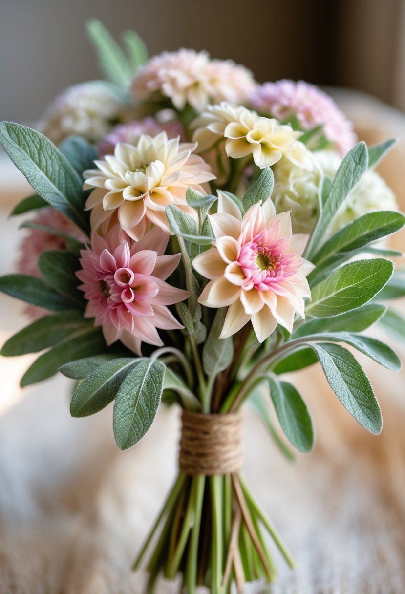 A small wedding bouquet with mini dahlia flowers and sage leaves tied with twine.