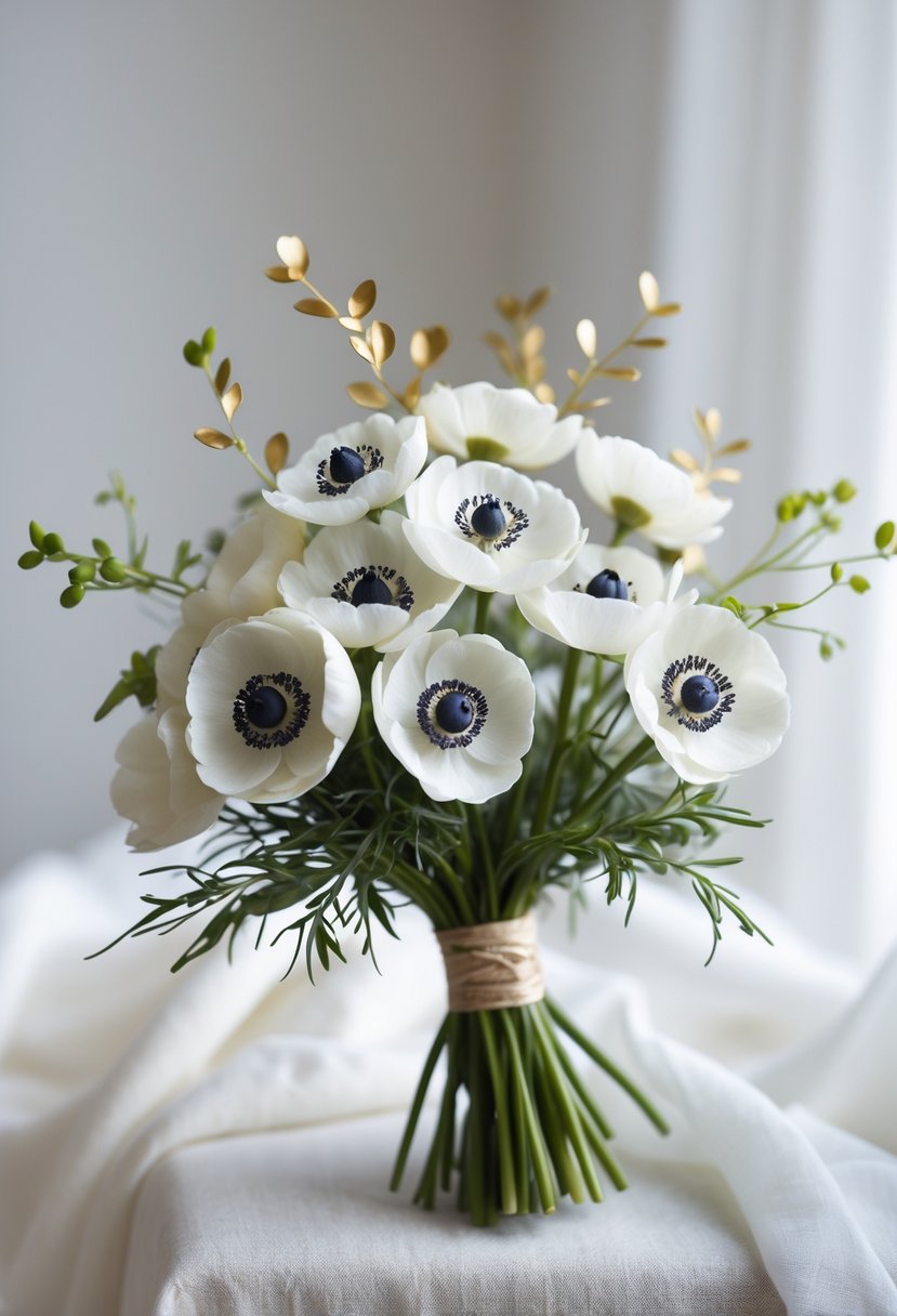 A small wedding bouquet of white anemone flowers with dark centers and gold accents, arranged with green leaves against a soft, blurred background.