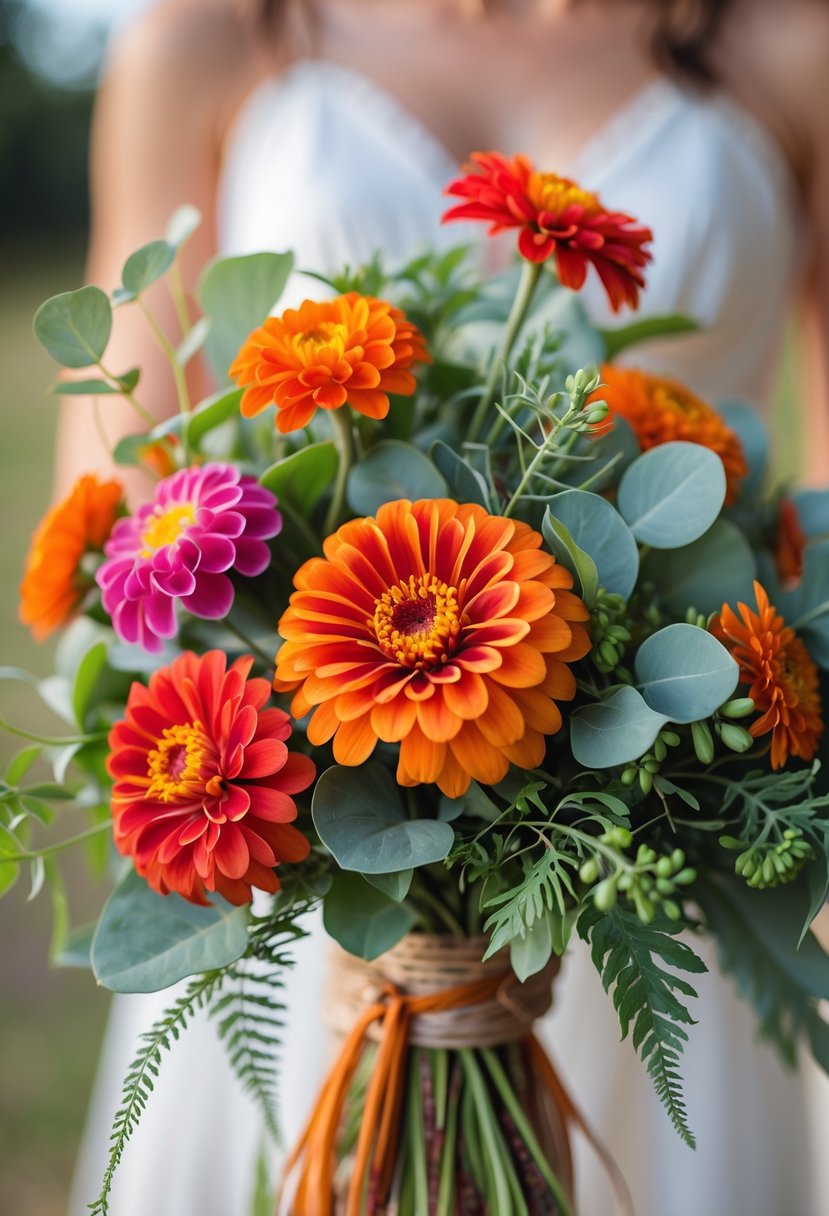 A small wedding bouquet with bright orange, pink, and red zinnia flowers mixed with green leaves on a softly blurred background.