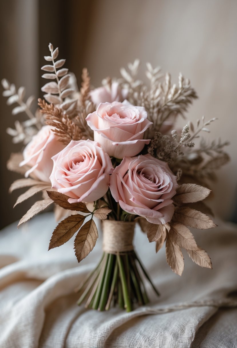 A small wedding bouquet with blush pink roses and dried leaves arranged together.