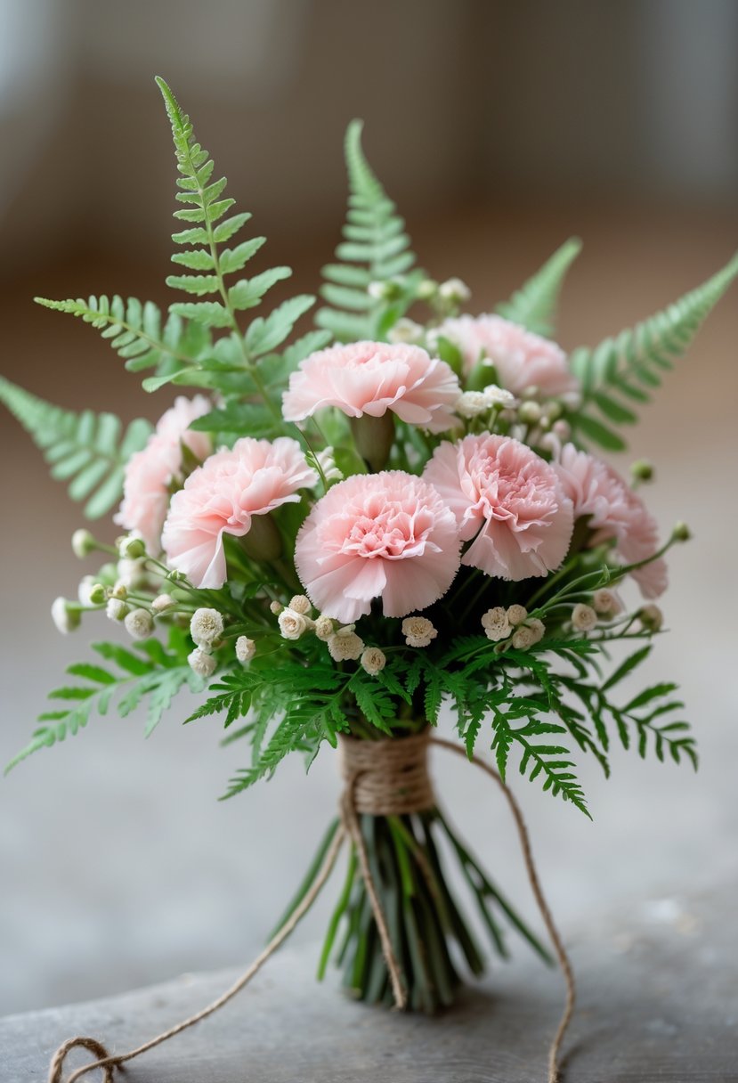 A small wedding bouquet made of pink mini carnations and green ferns on a blurred background.