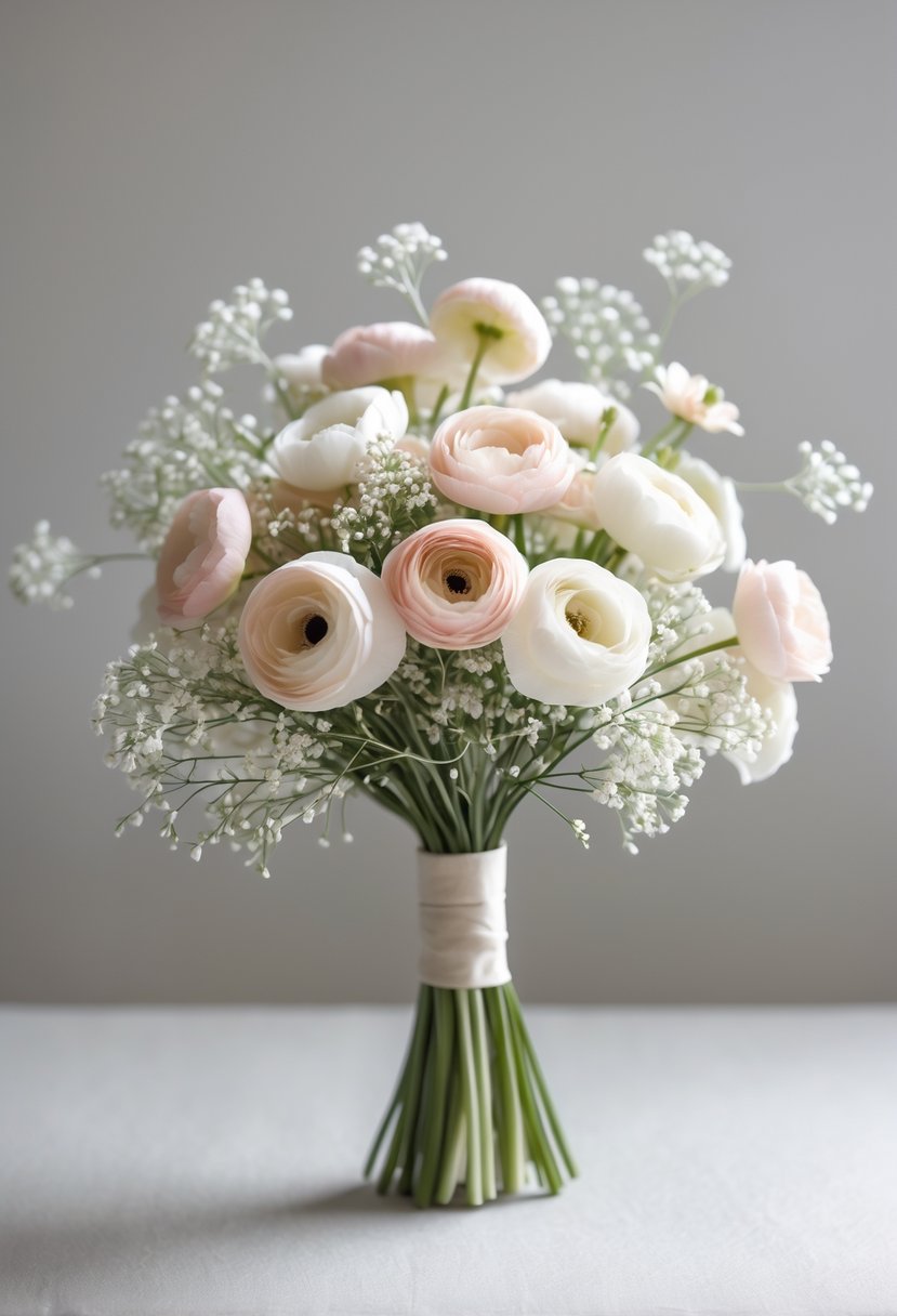 A small wedding bouquet with mini ranunculus flowers and baby's breath on a plain background.
